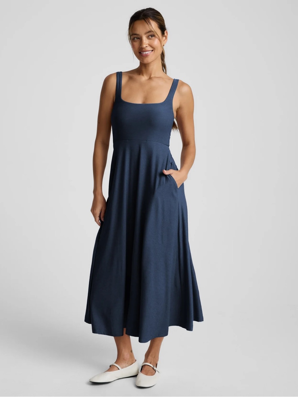 Beyond Yoga Navy Midi Square-Neck Dress